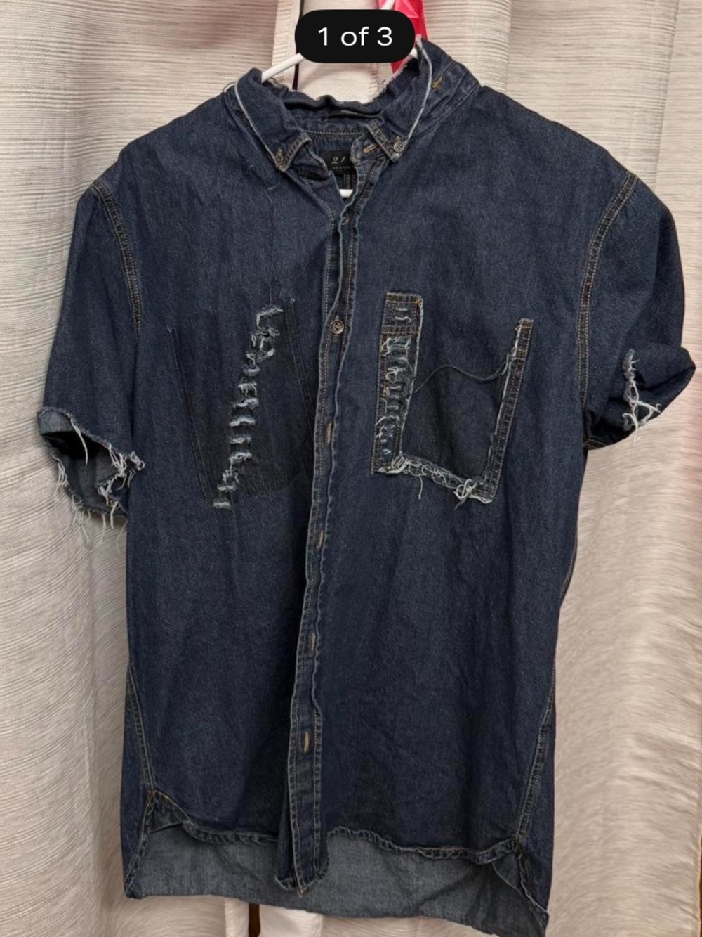 Dark Denim Short-Sleeve Shirt Distressed